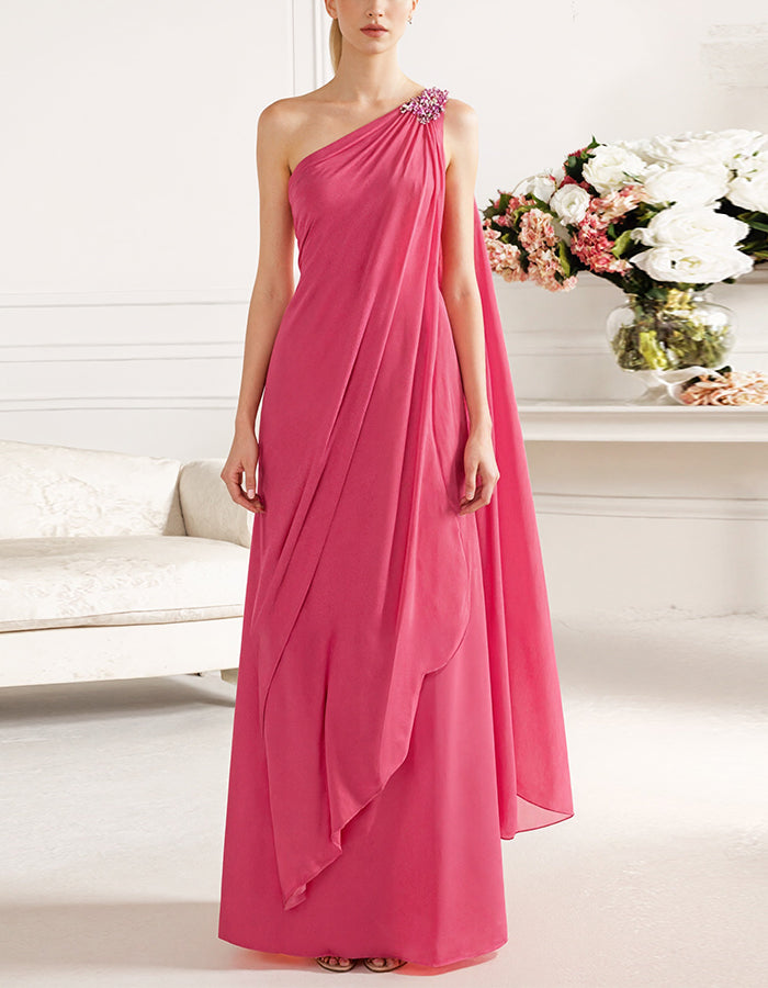 Rose Pink Off Shoulder Draped Chiffon Maxi Dress