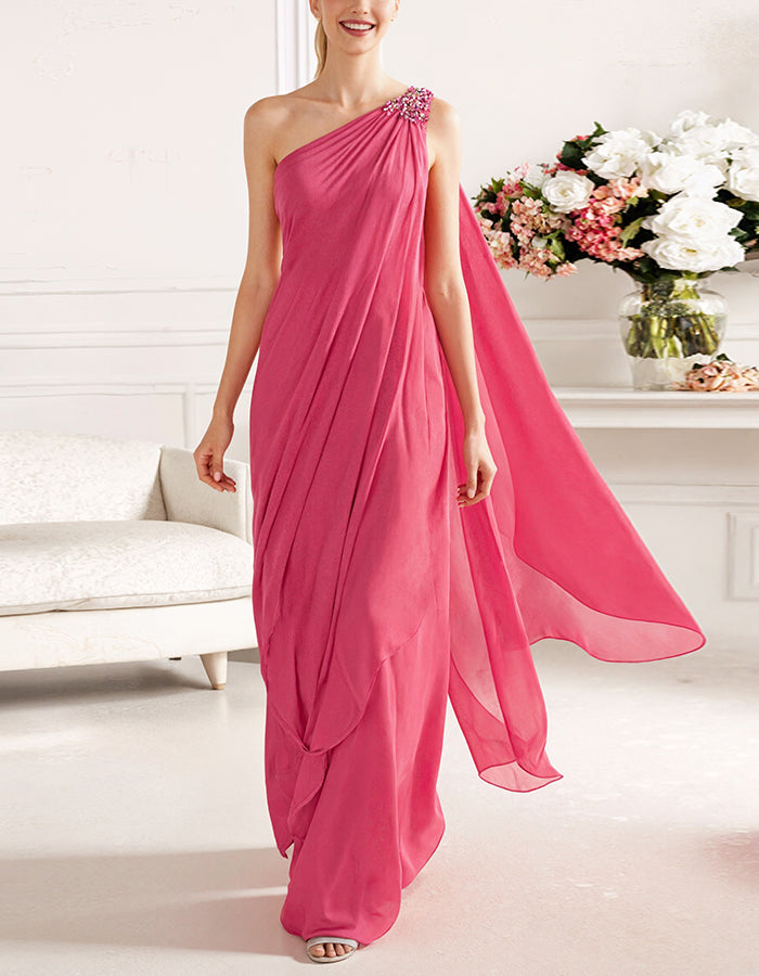 Rose Pink Off Shoulder Draped Chiffon Maxi Dress