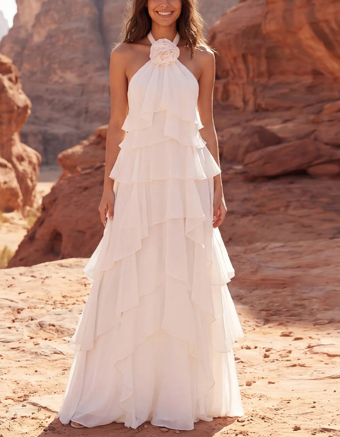 Solid Color Chiffon Halter Neck With 3D Rose And Layered Ruffles Maxi Dress