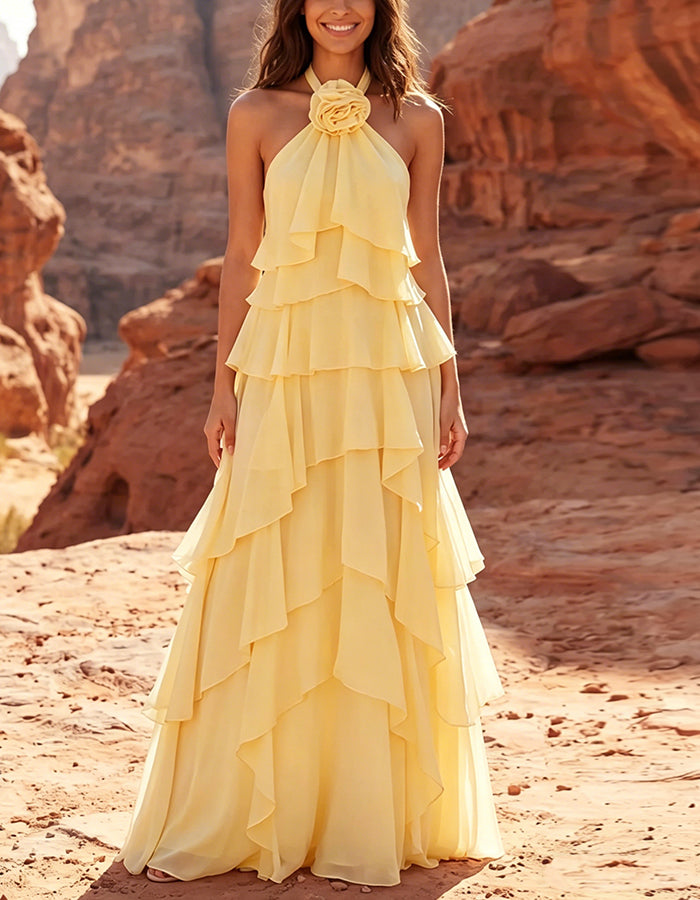 Solid Color Chiffon Halter Neck With 3D Rose And Layered Ruffles Maxi Dress
