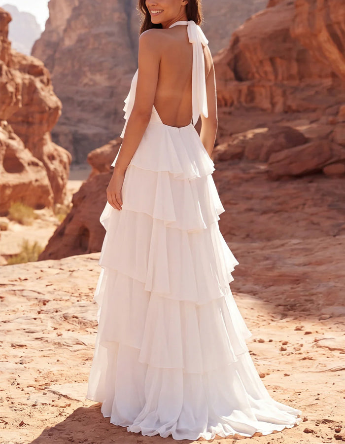 Solid Color Chiffon Halter Neck With 3D Rose And Layered Ruffles Maxi Dress