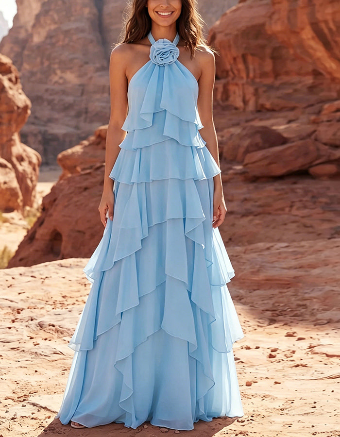 Solid Color Chiffon Halter Neck With 3D Rose And Layered Ruffles Maxi Dress