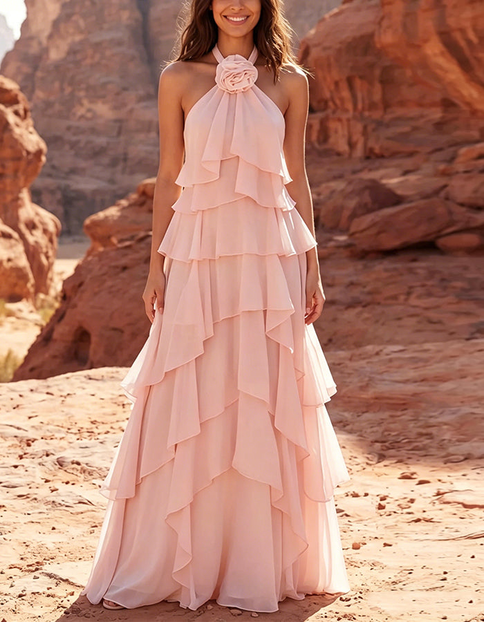 Solid Color Chiffon Halter Neck With 3D Rose And Layered Ruffles Maxi Dress