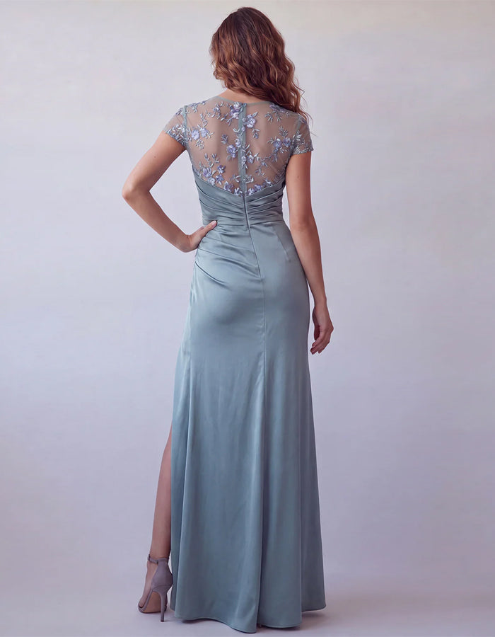 Gray Blue Satin Mesh Embroidered Short Sleeved Maxi Dress