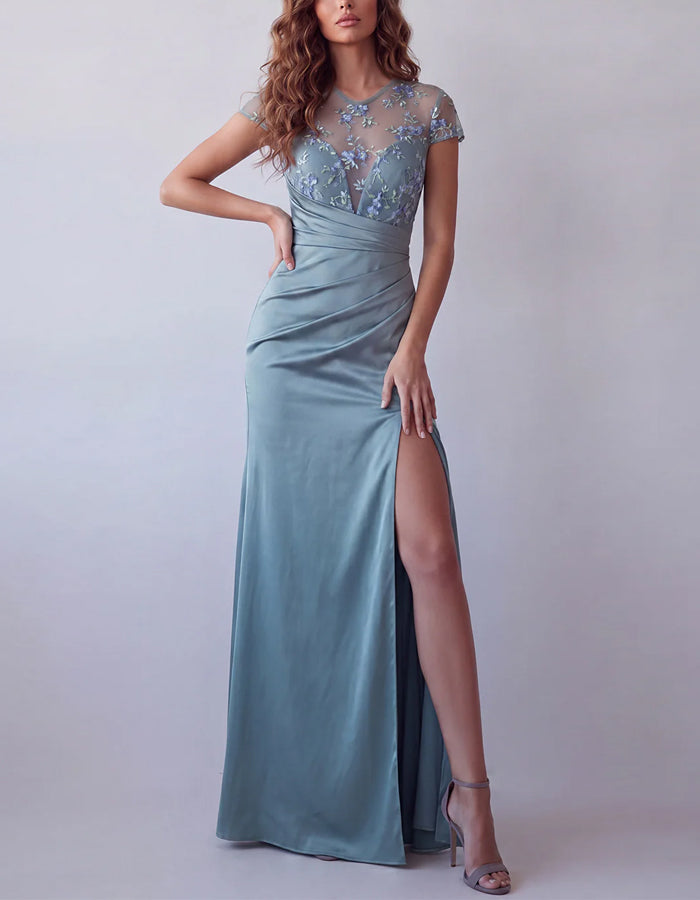 Gray Blue Satin Mesh Embroidered Short Sleeved Maxi Dress