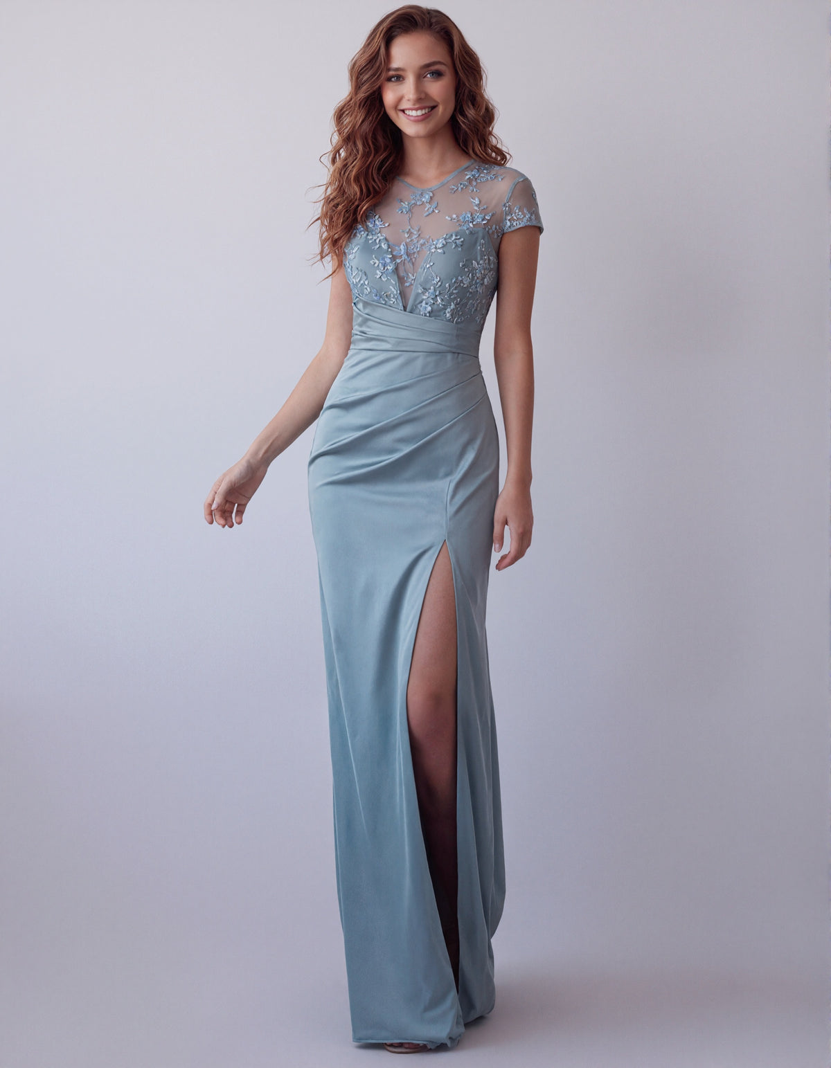 Gray Blue Satin Mesh Embroidered Short Sleeved Maxi Dress