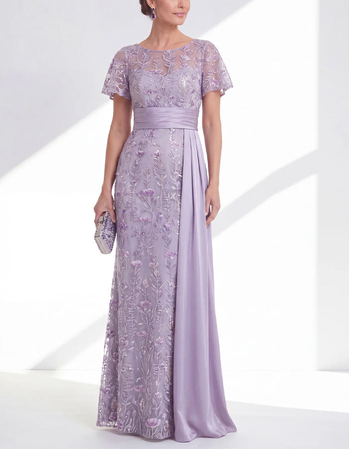 Lavender Purple Mesh Embroidered Short Sleeved Satin Belt Maxi Dress