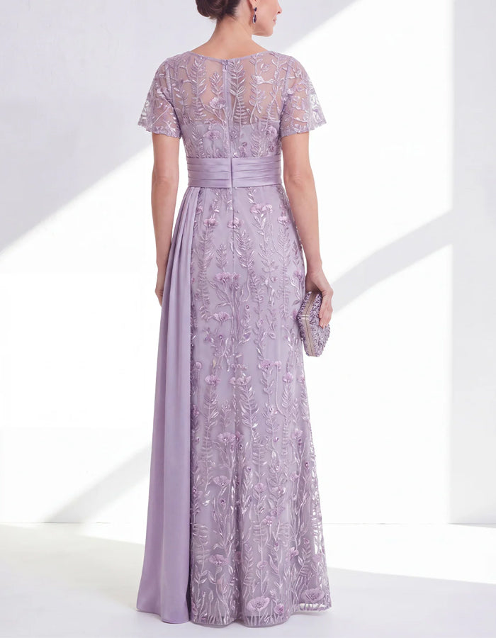 Lavender Purple Mesh Embroidered Short Sleeved Satin Belt Maxi Dress