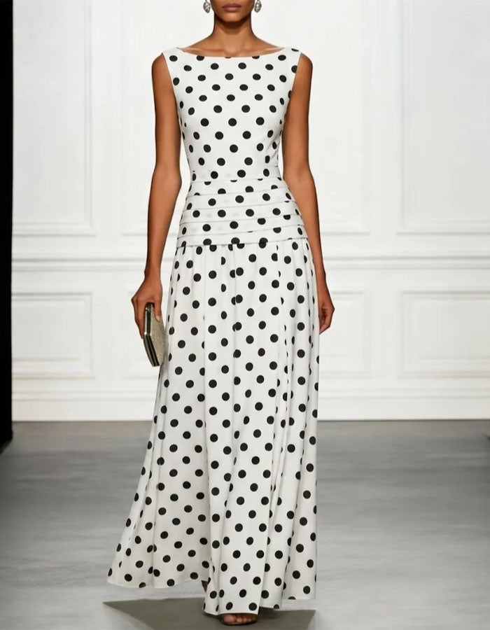 White Polka Dot Sleeveless Chiffon Maxi Dress