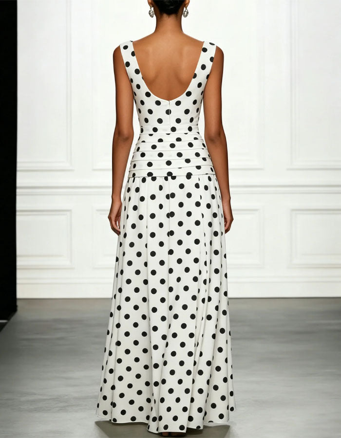 White Polka Dot Sleeveless Chiffon Maxi Dress