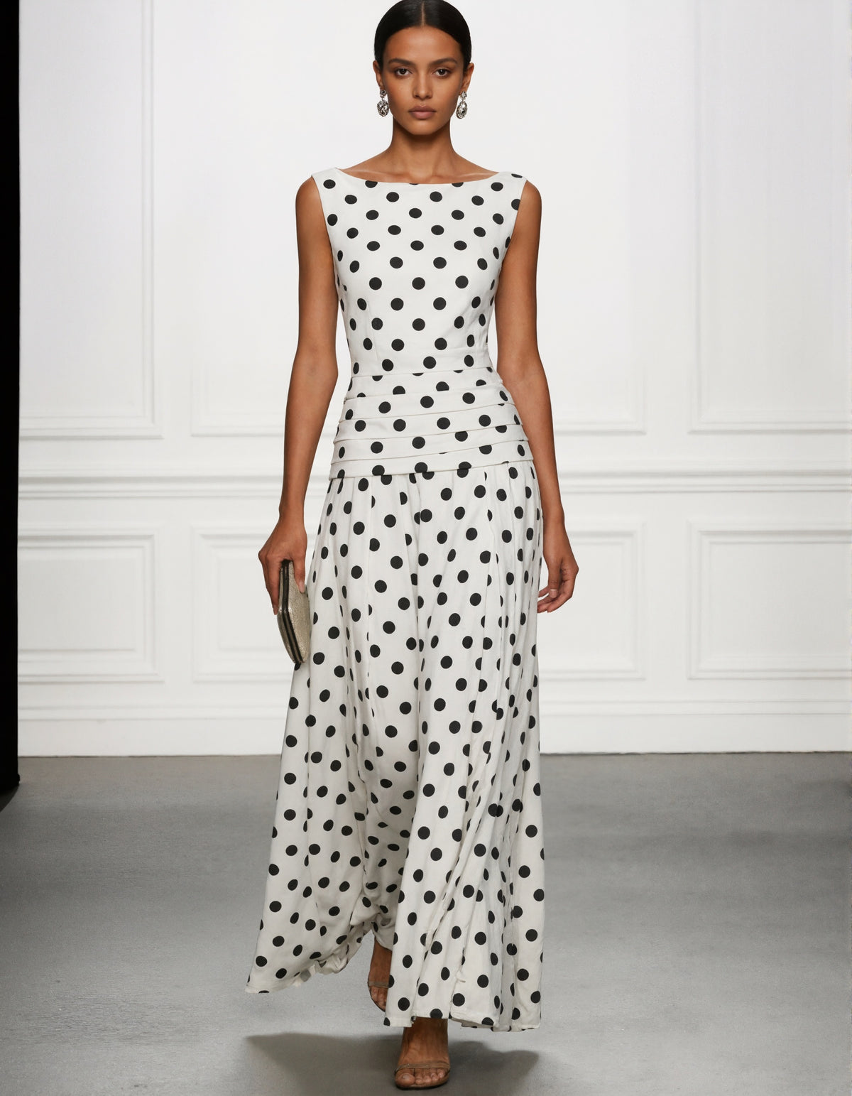 White Polka Dot Sleeveless Chiffon Maxi Dress