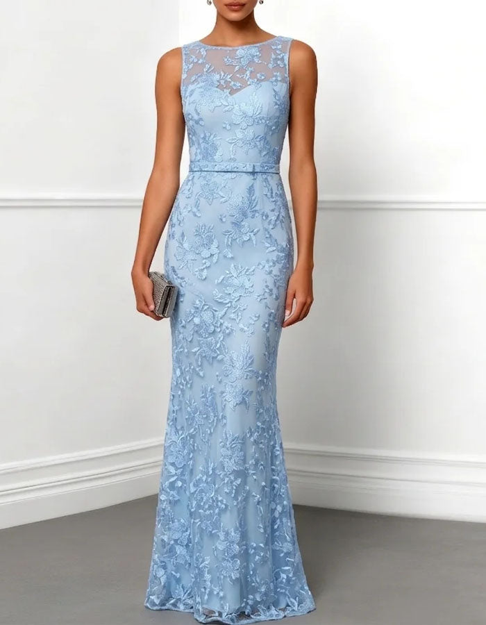 Light Blue Floral Lace Mermaid Maxi Dress