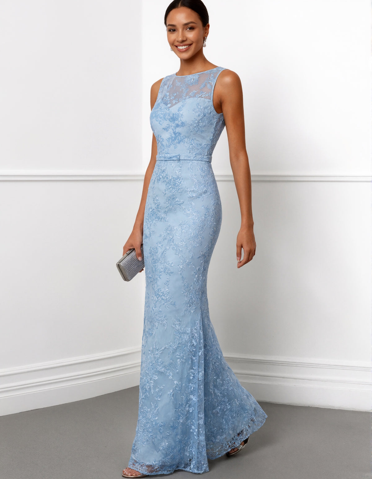 Light Blue Floral Lace Mermaid Maxi Dress