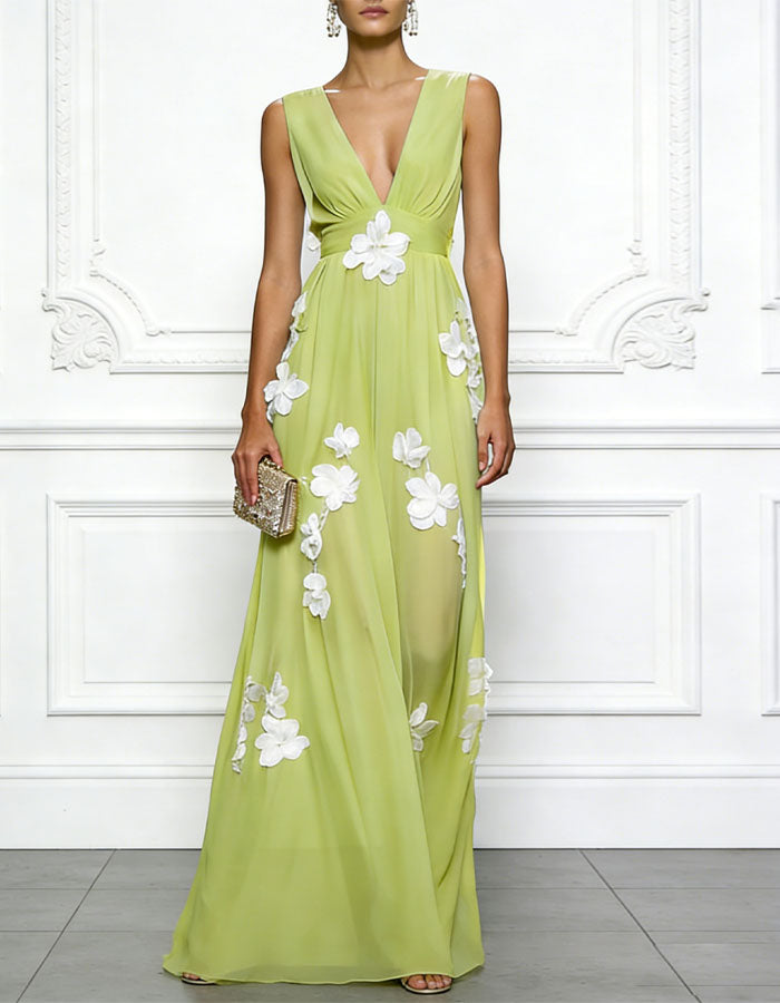 Yellow Green Chiffon V-Neck Maxi Dress