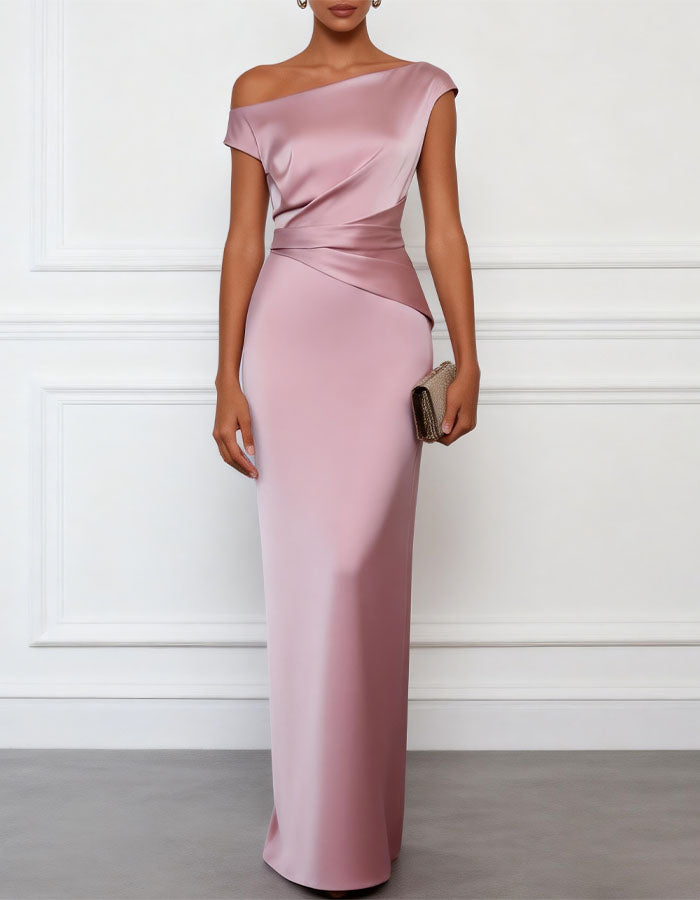 Grayish Pink Satin Asymmetrical One Shoulder  Maxi Dress