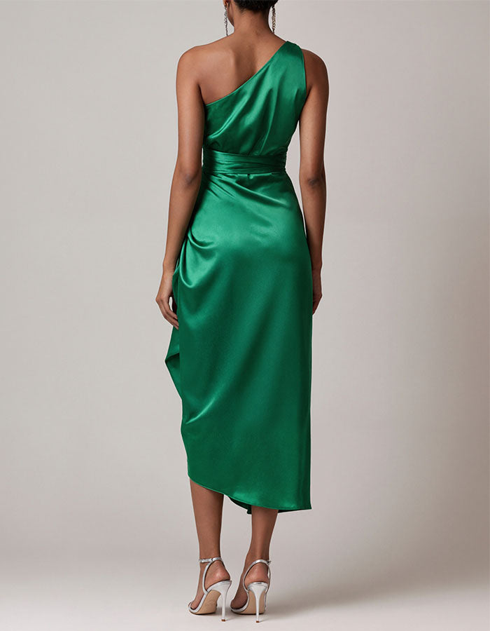 Green Satin Asymmetrical One Shoulder Midi Dress