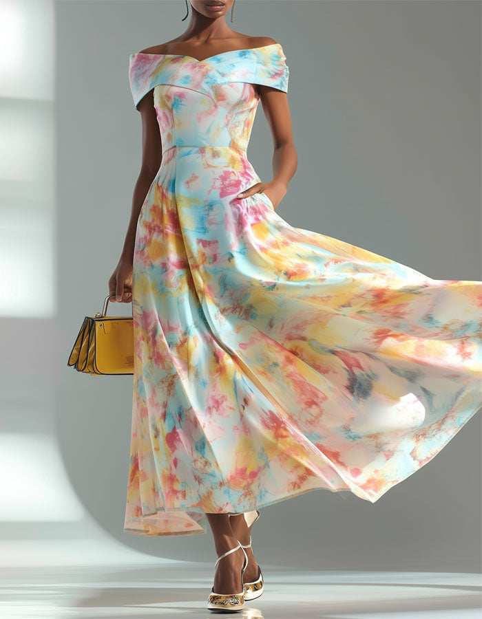 Watercolor Print Off-Shoulder Maxi Dress