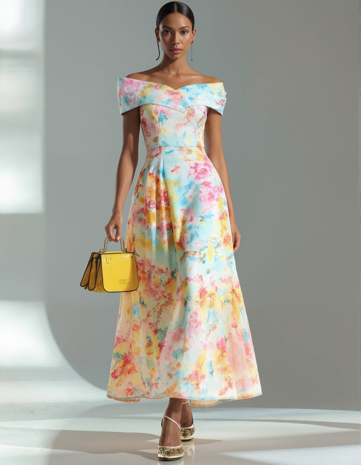 Watercolor Print Off-Shoulder Maxi Dress