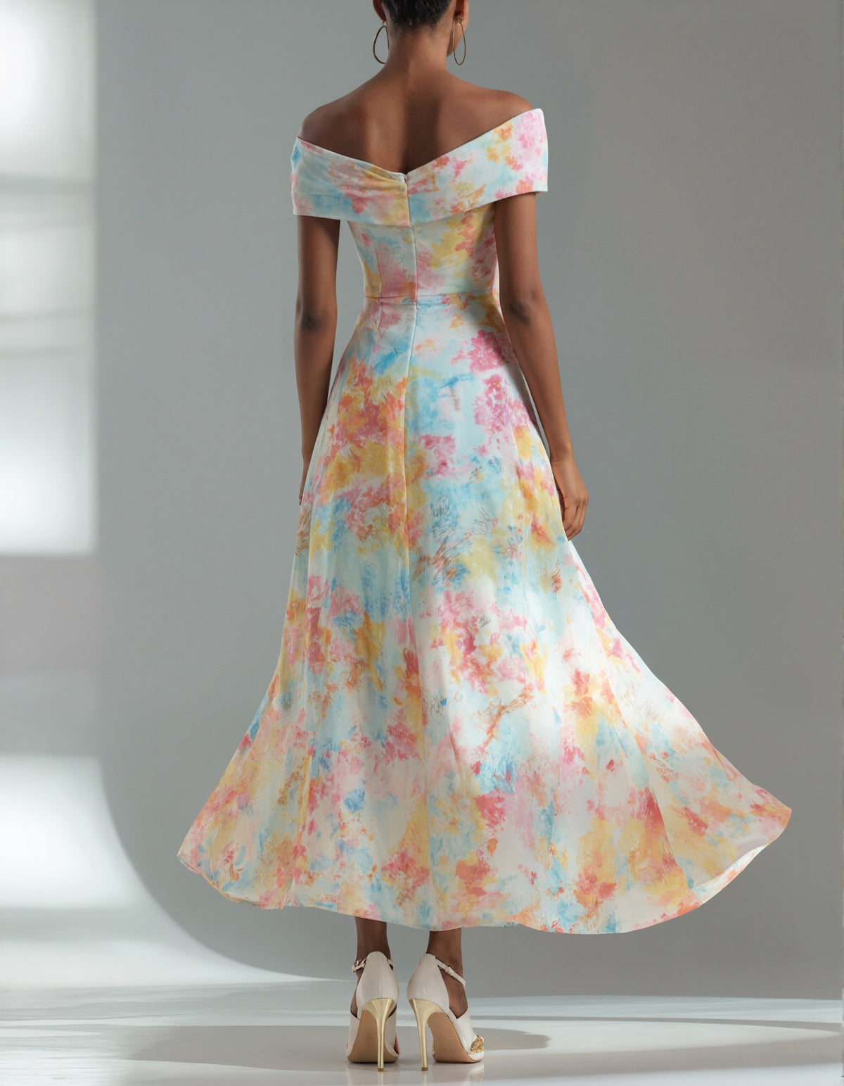Watercolor Print Off-Shoulder Maxi Dress