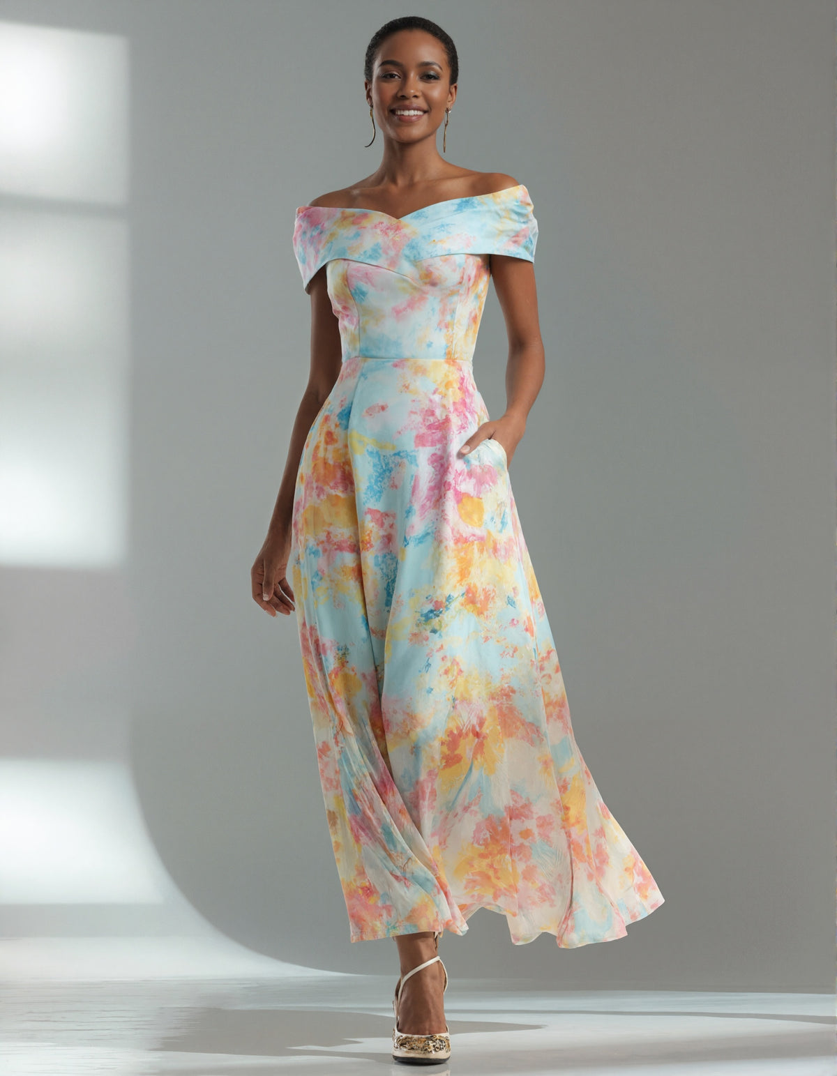 Watercolor Print Off-Shoulder Maxi Dress