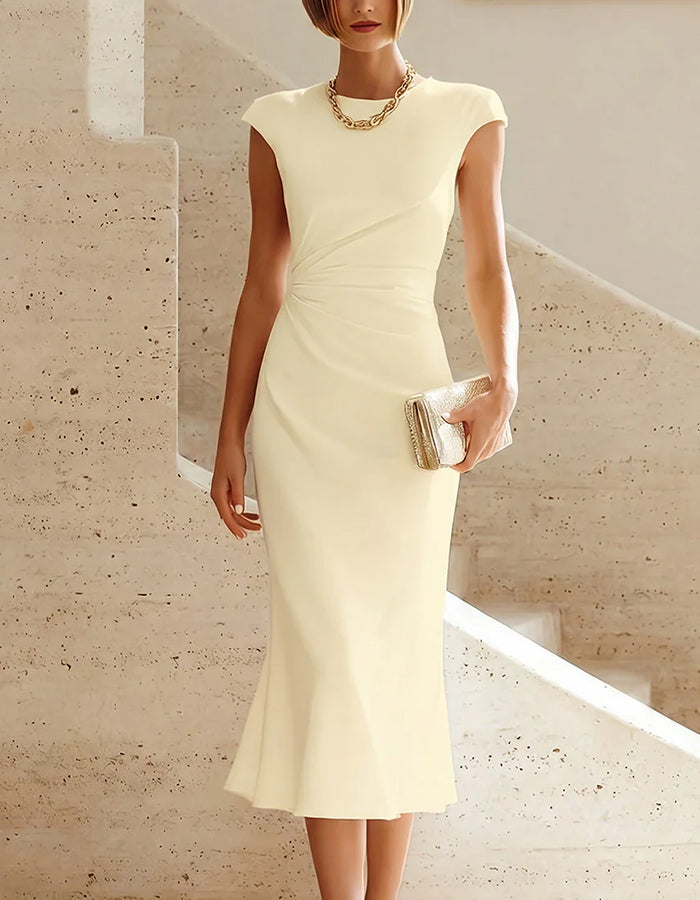 Boat Neck Cap Sleeves Blended Midi Dress