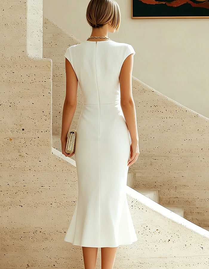 Boat Neck Cap Sleeves Blended Midi Dress