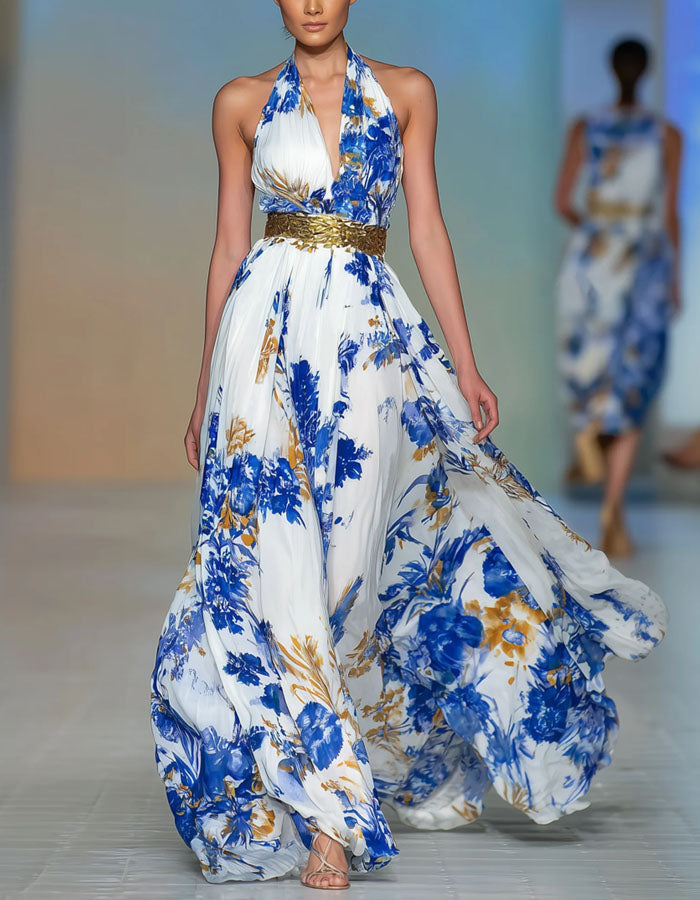 White Chiffon With Blue And Gold Floral Print Maxi Dress