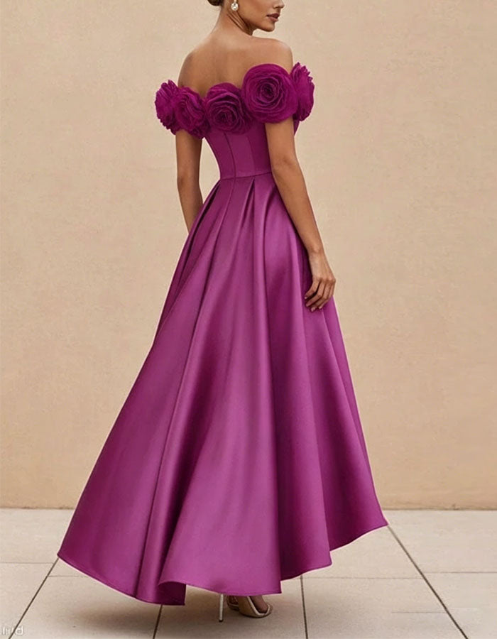 Rose Pink Satin Off Shoulder Maxi Dress