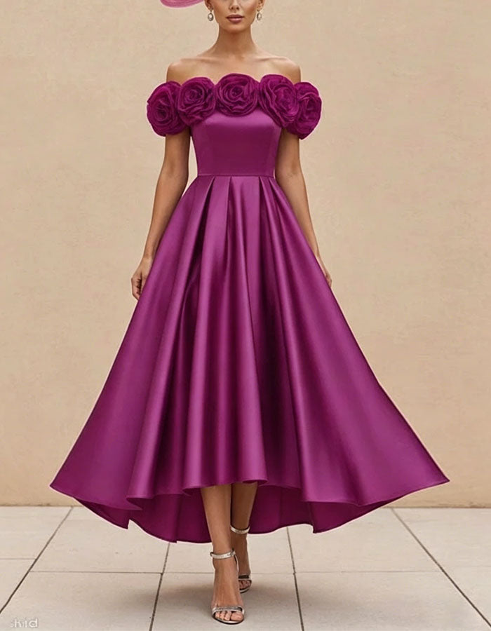 Rose Pink Satin Off Shoulder Maxi Dress
