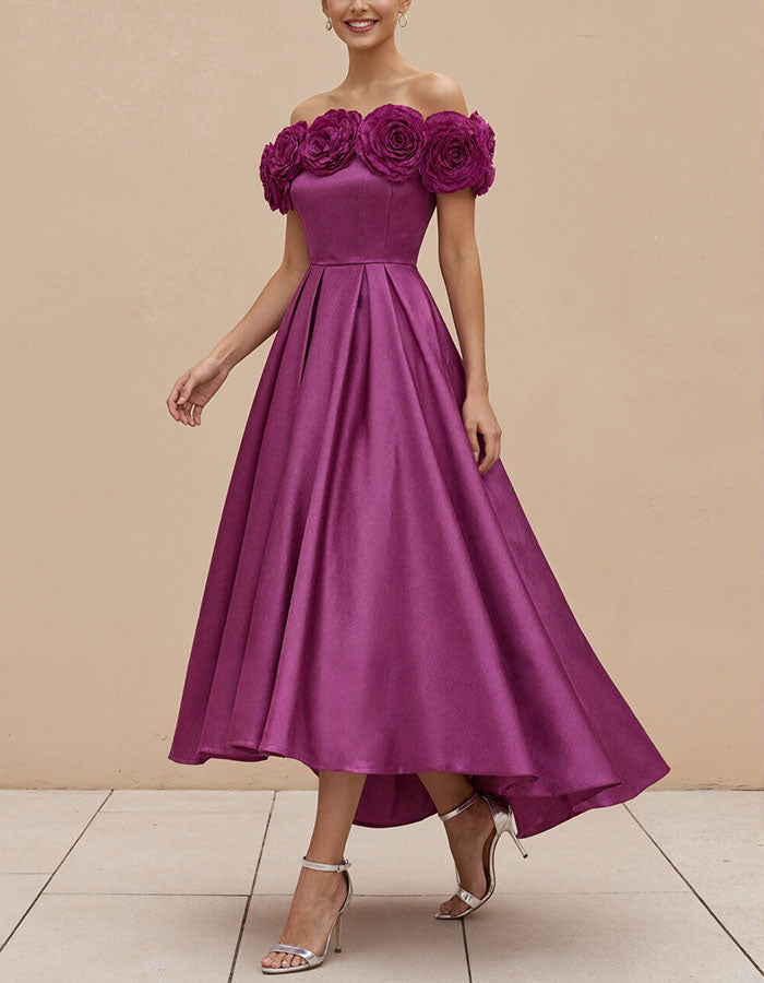Rose Pink Satin Off Shoulder Maxi Dress