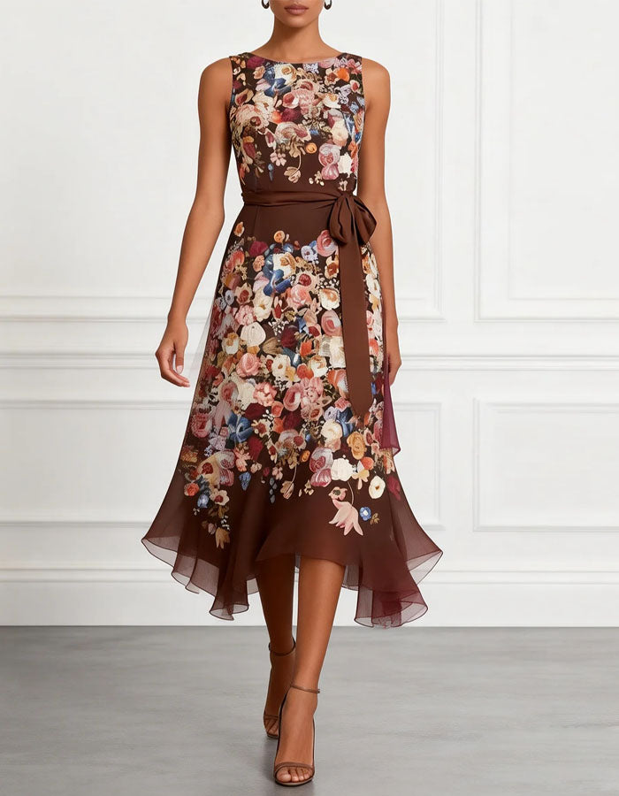 Brown Printed Sleeveless Midi Dress