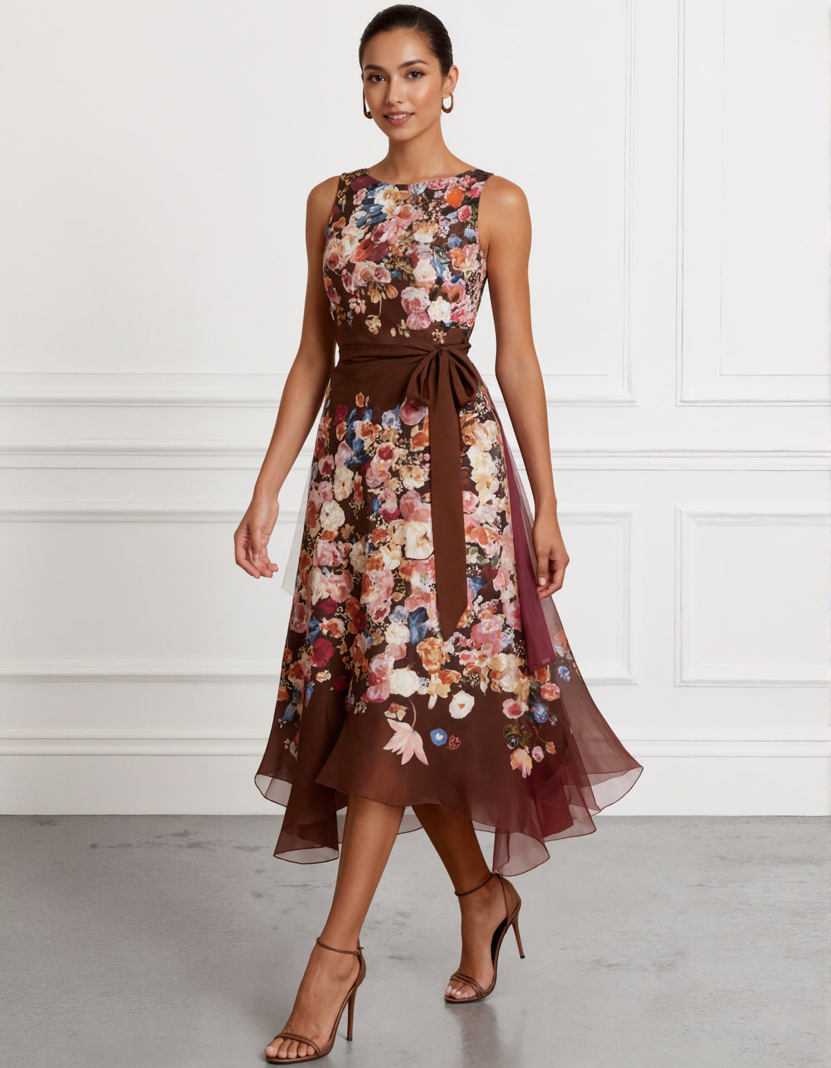 Brown Printed Sleeveless Midi Dress