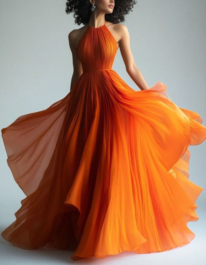 Orange Pleated Chiffon Open Back Maxi Dress