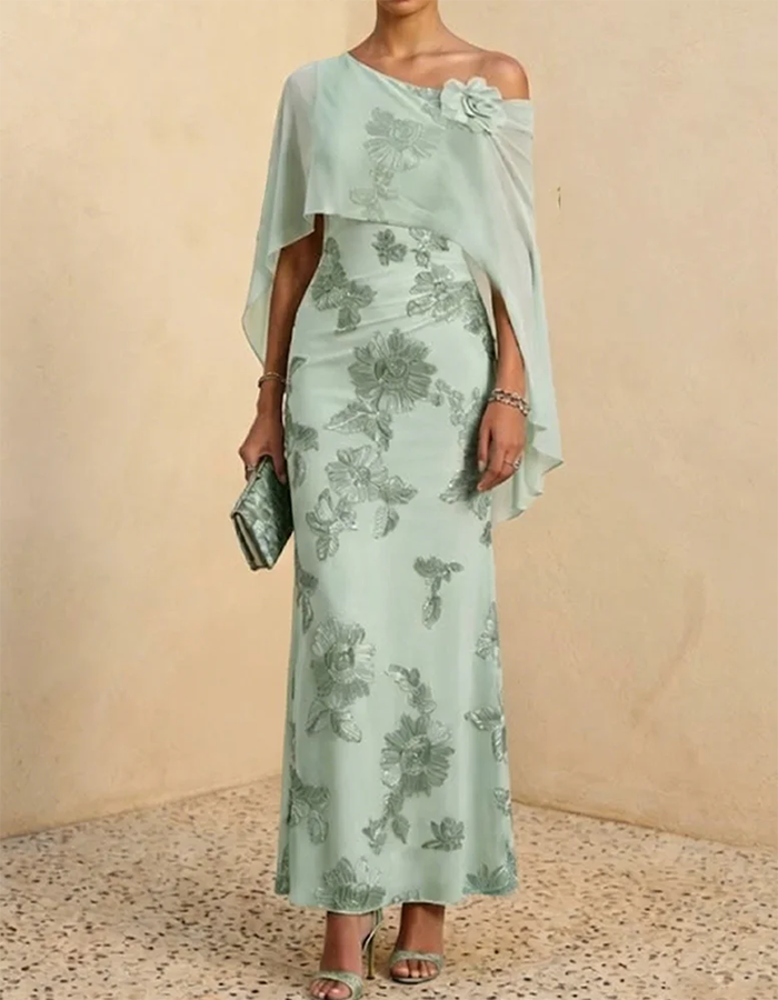 Mint Green One-Shoulder Cape Overlay Floral Appliqué Chiffon Maxi Dress