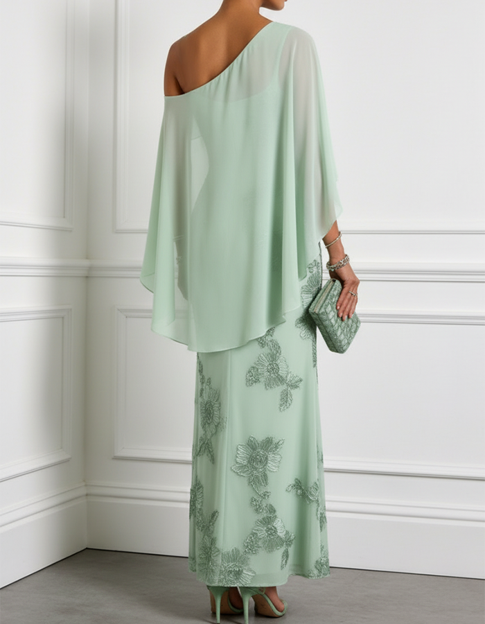 Mint Green One-Shoulder Cape Overlay Floral Appliqué Chiffon Maxi Dress