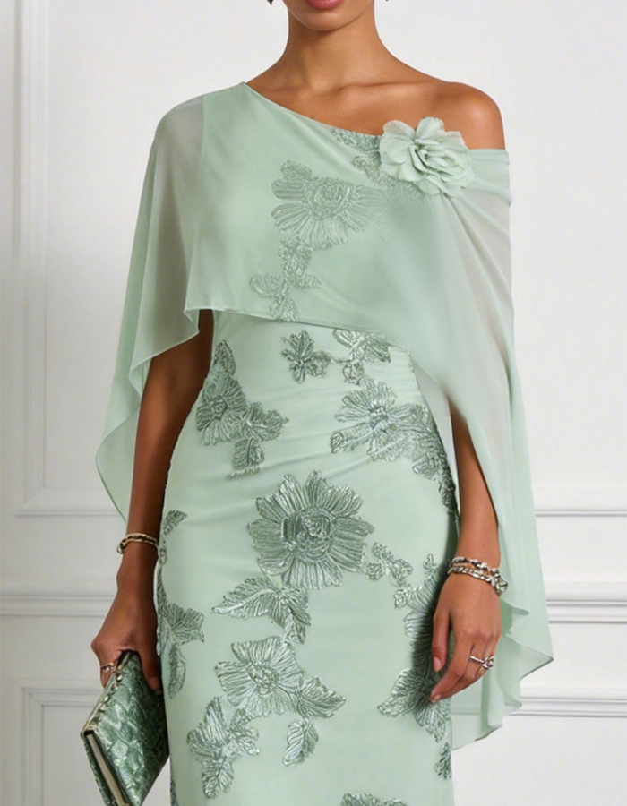Mint Green One-Shoulder Cape Overlay Floral Appliqué Chiffon Maxi Dress