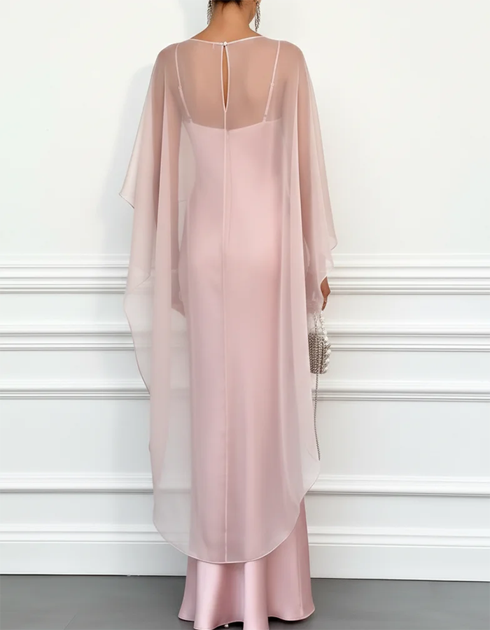 Blush Pink Satin with Sheer Organza Cape Overlay Maxi Dress