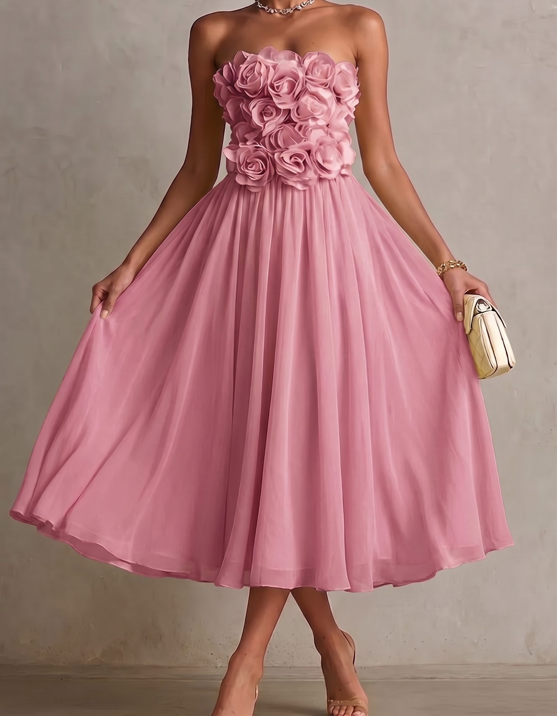 Chiffon Strapless Rose Print Midi Dress