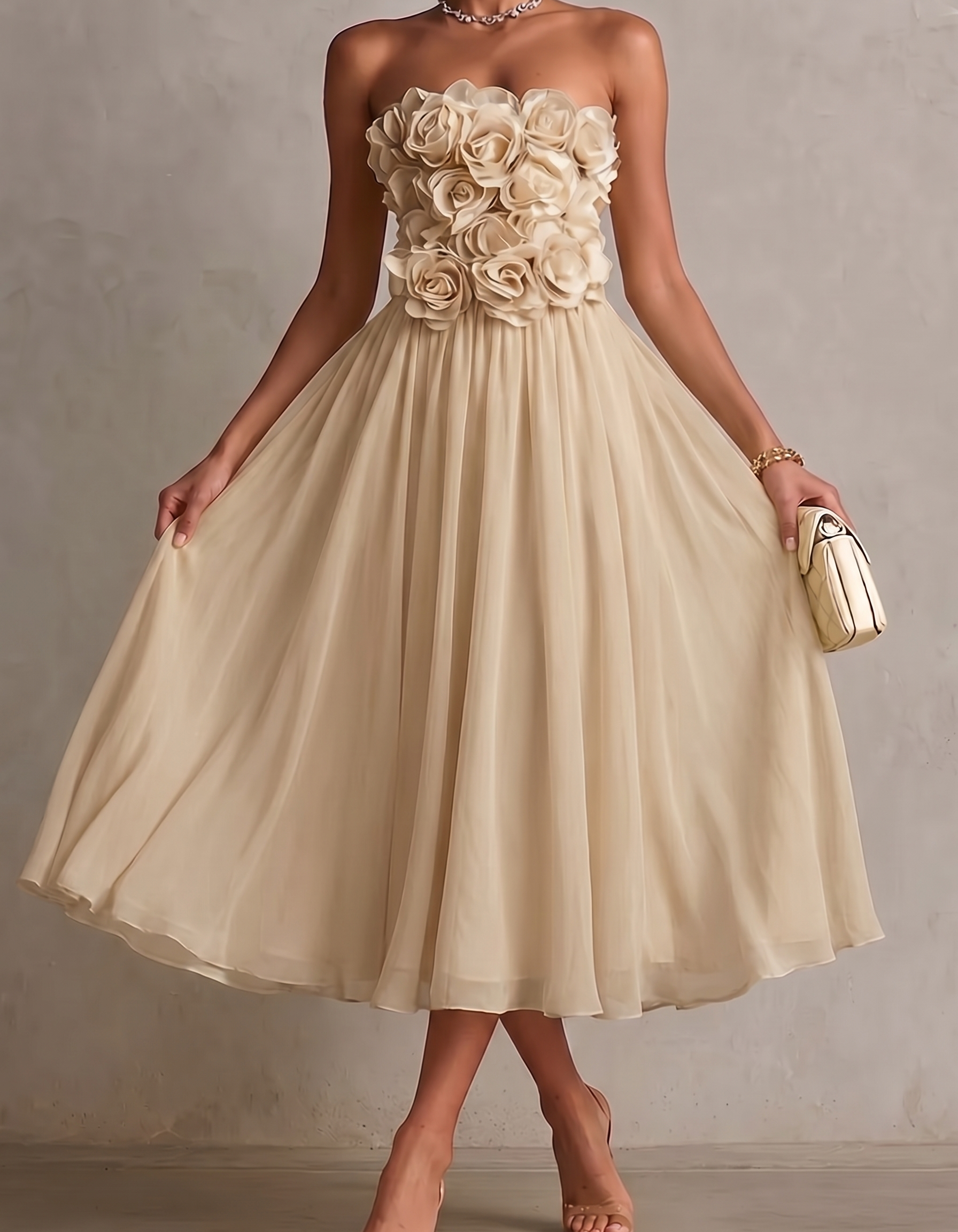 Chiffon Strapless Rose Print Midi Dress
