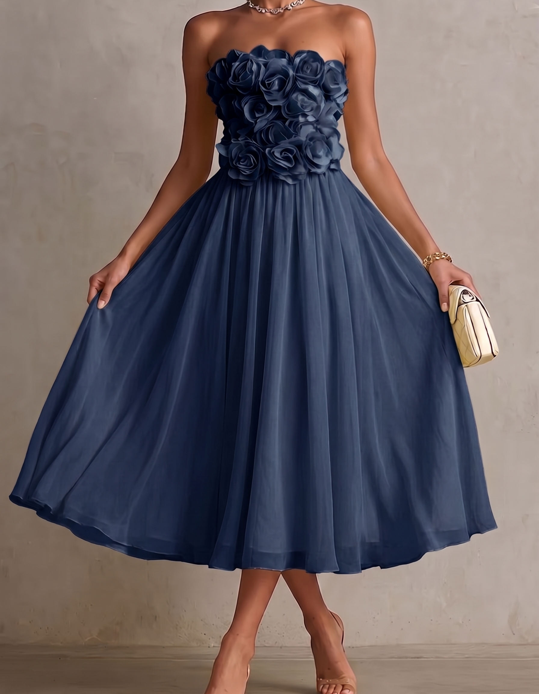 Chiffon Strapless Rose Print Midi Dress