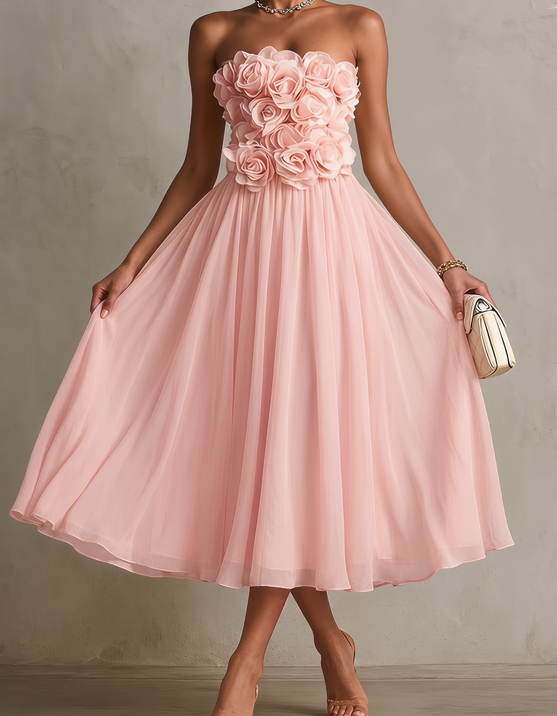 Chiffon Strapless Rose Print Midi Dress