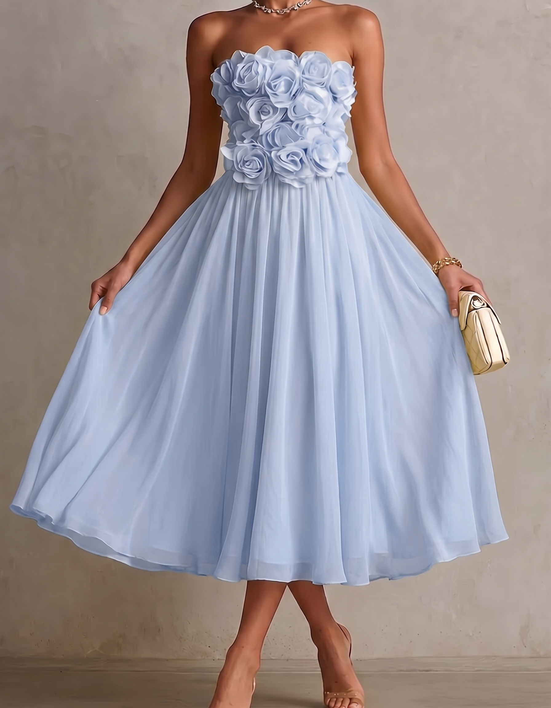 Chiffon Strapless Rose Print Midi Dress