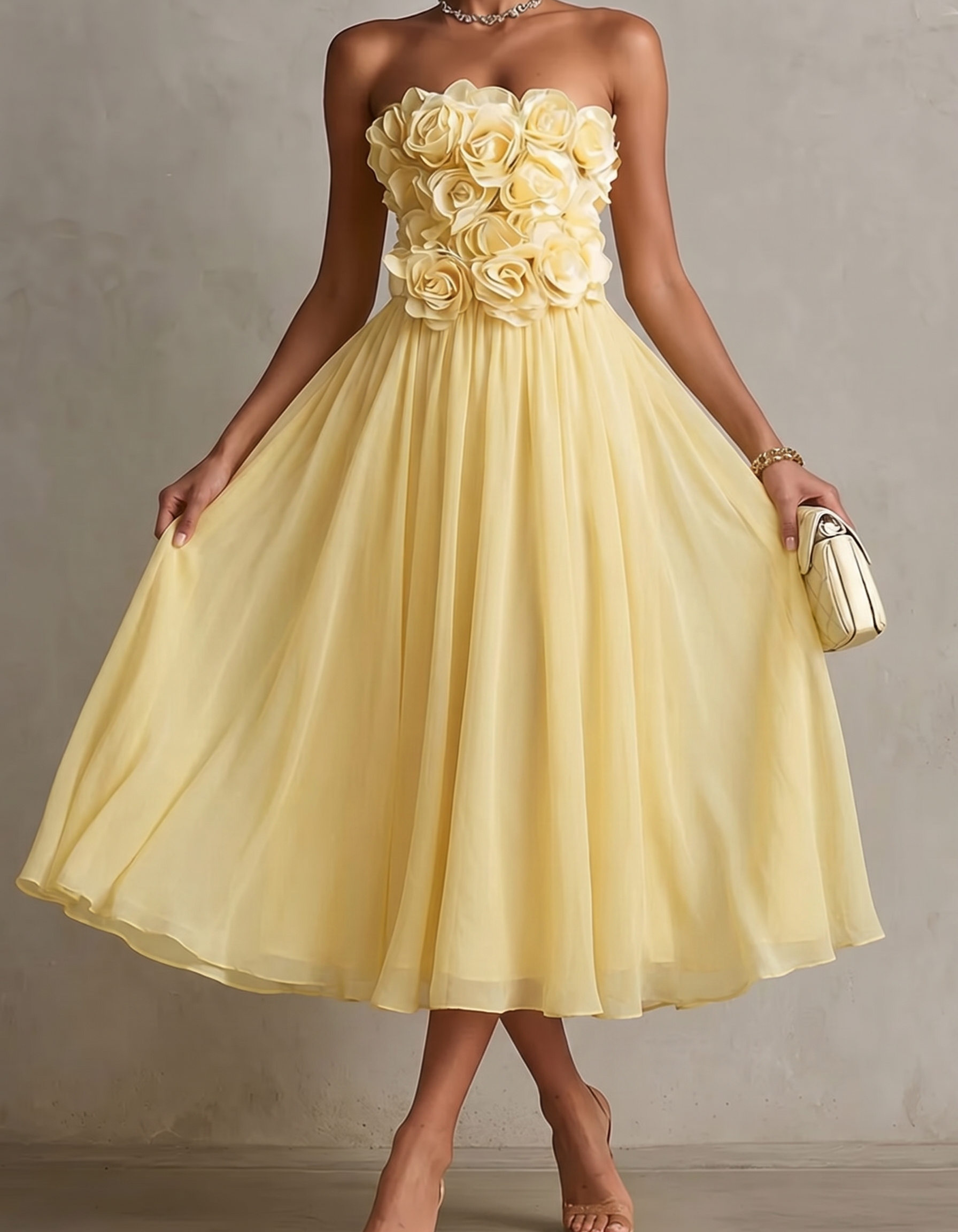 Chiffon Strapless Rose Print Midi Dress