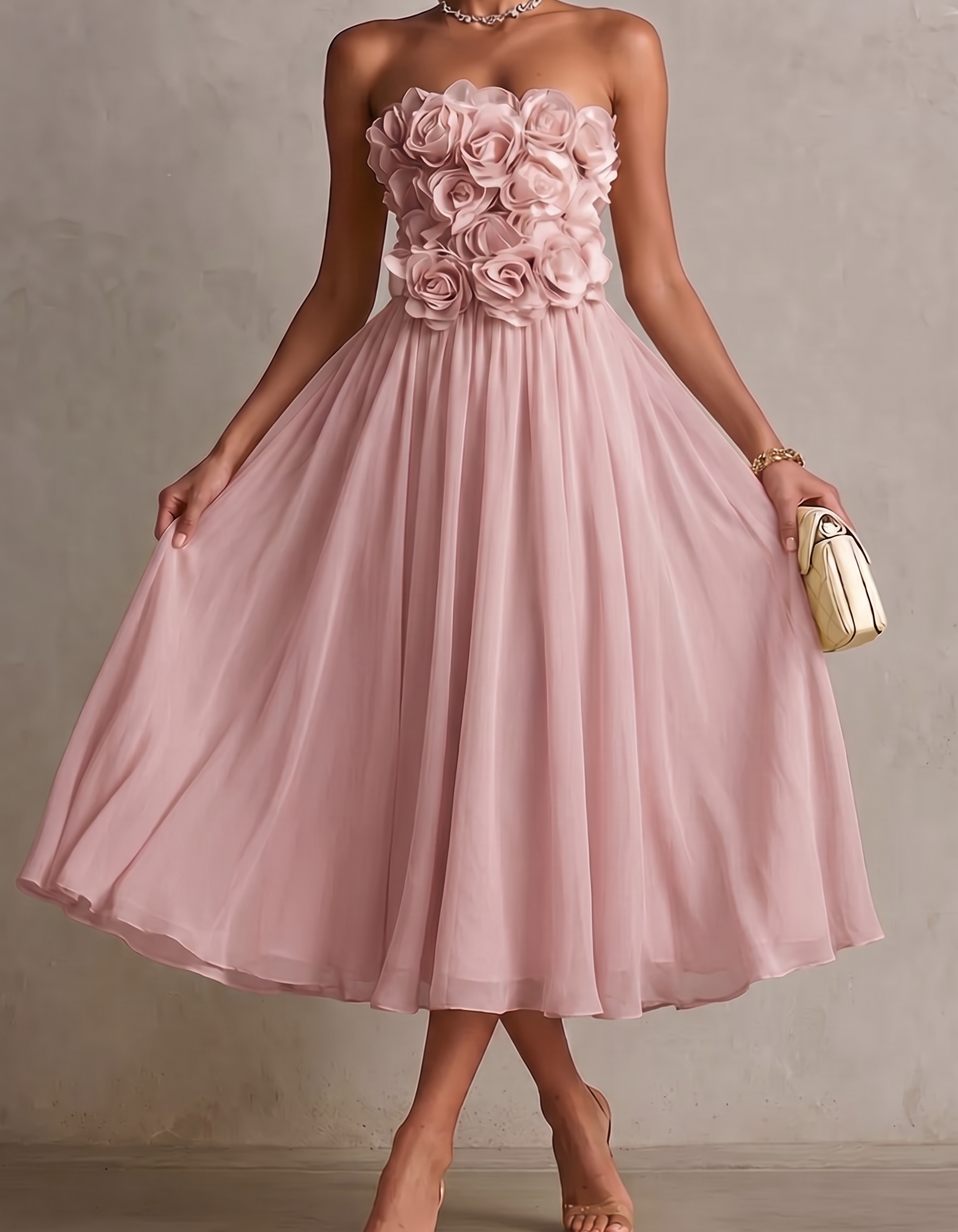 Chiffon Strapless Rose Print Midi Dress