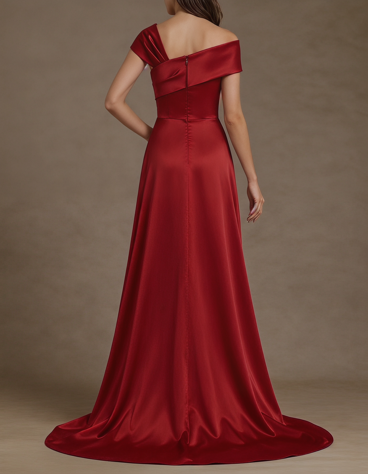 Red Asymmetric Off-the-Shoulder Satin & Sequin Mermaid Maxi Dress
