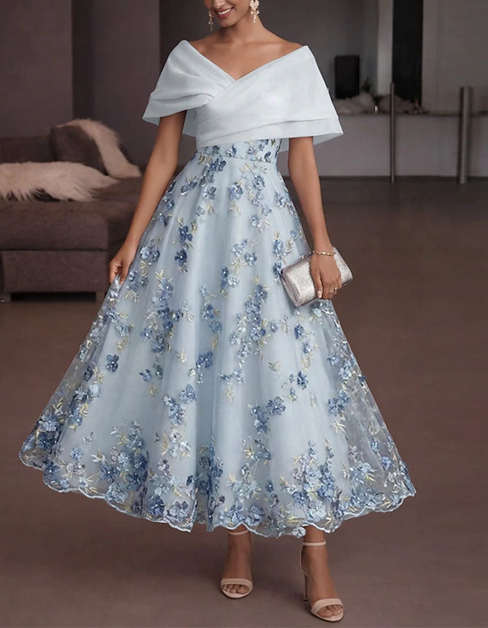 Solid Color Off Shoulder 3D Floral Embroidery Maxi Dress