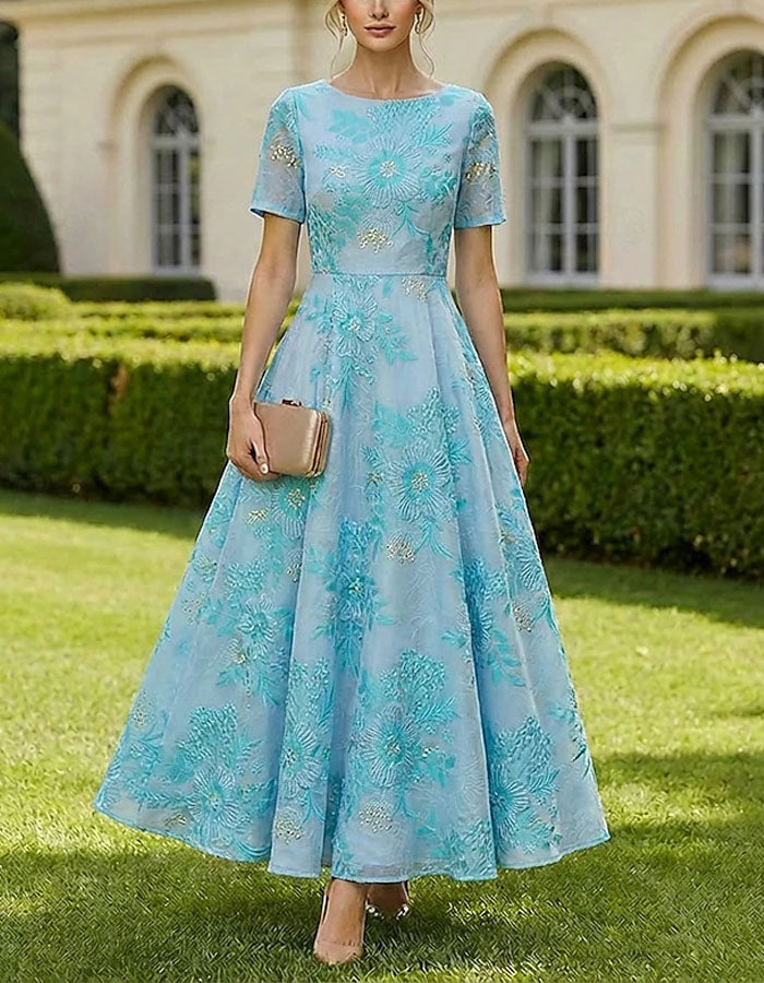 Solid Color Short Sleeved Shirt With Embossed Gold Thread Pattern Maxi Dress
