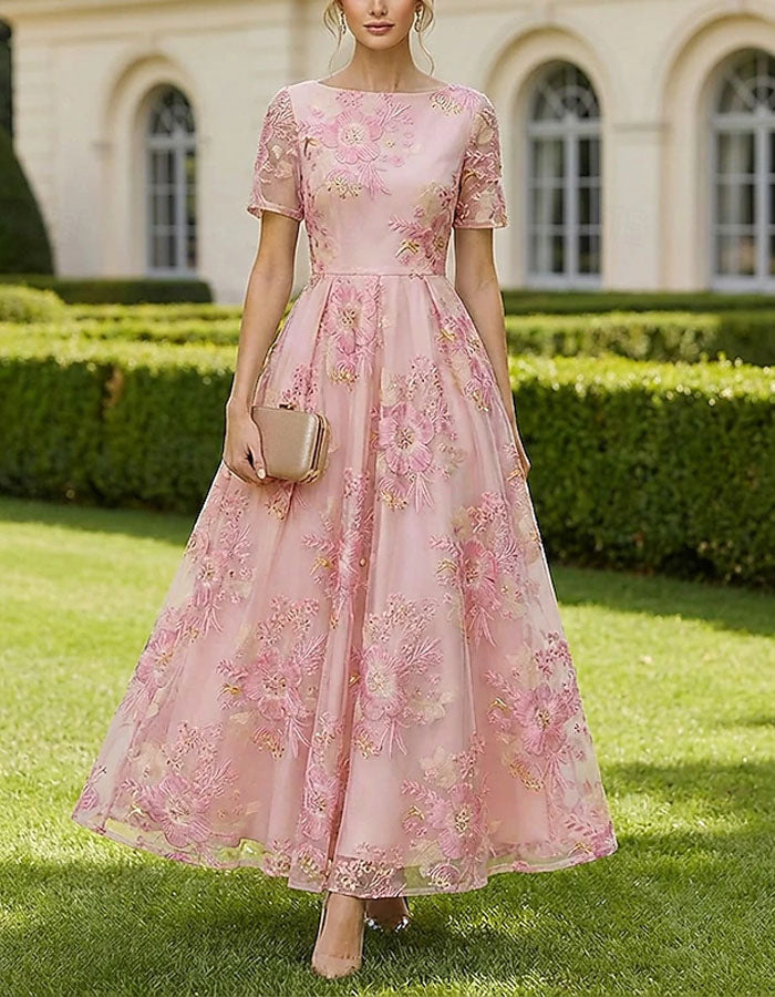 Solid Color Short Sleeved Shirt With Embossed Gold Thread Pattern Maxi Dress