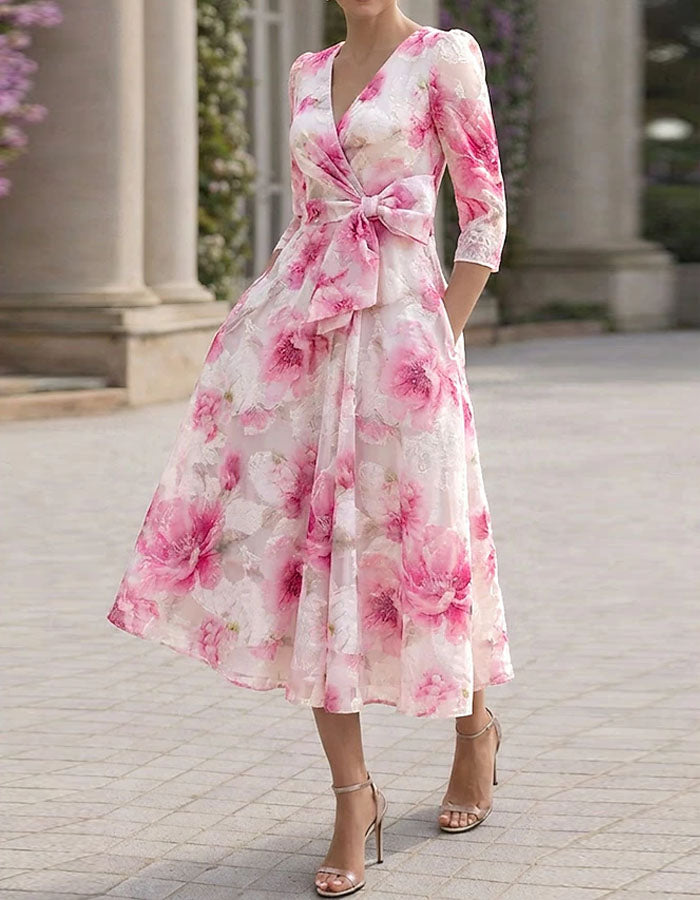 Solid Color Watercolor Pink Flowers Midi Dress