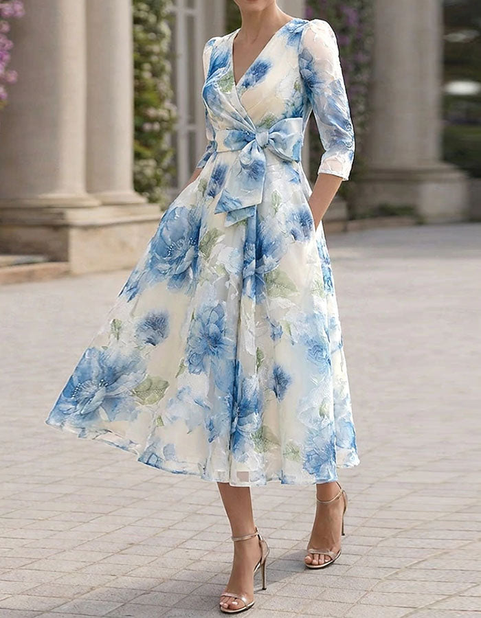Solid Color Watercolor Pink Flowers Midi Dress